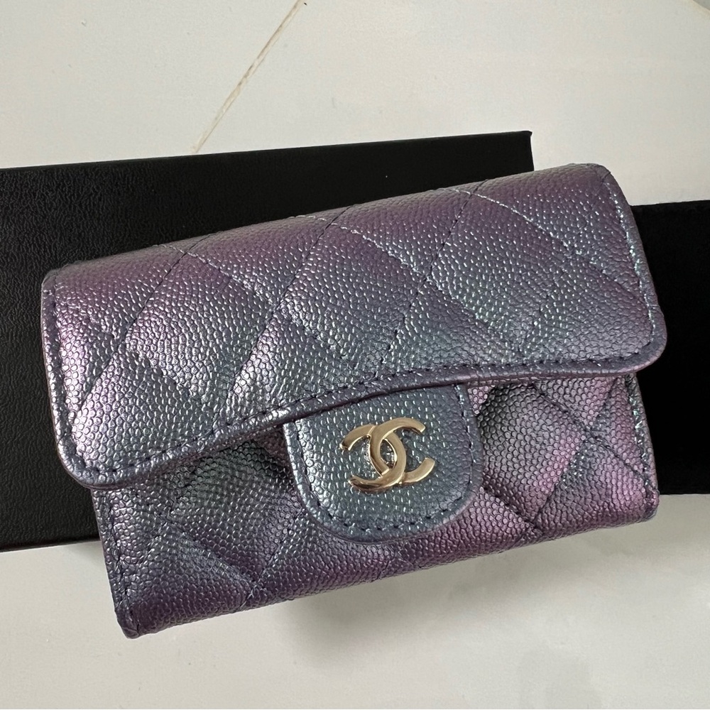 Chanel Iridescent Purple Light Gold Hardware Classic Flap Card Holder